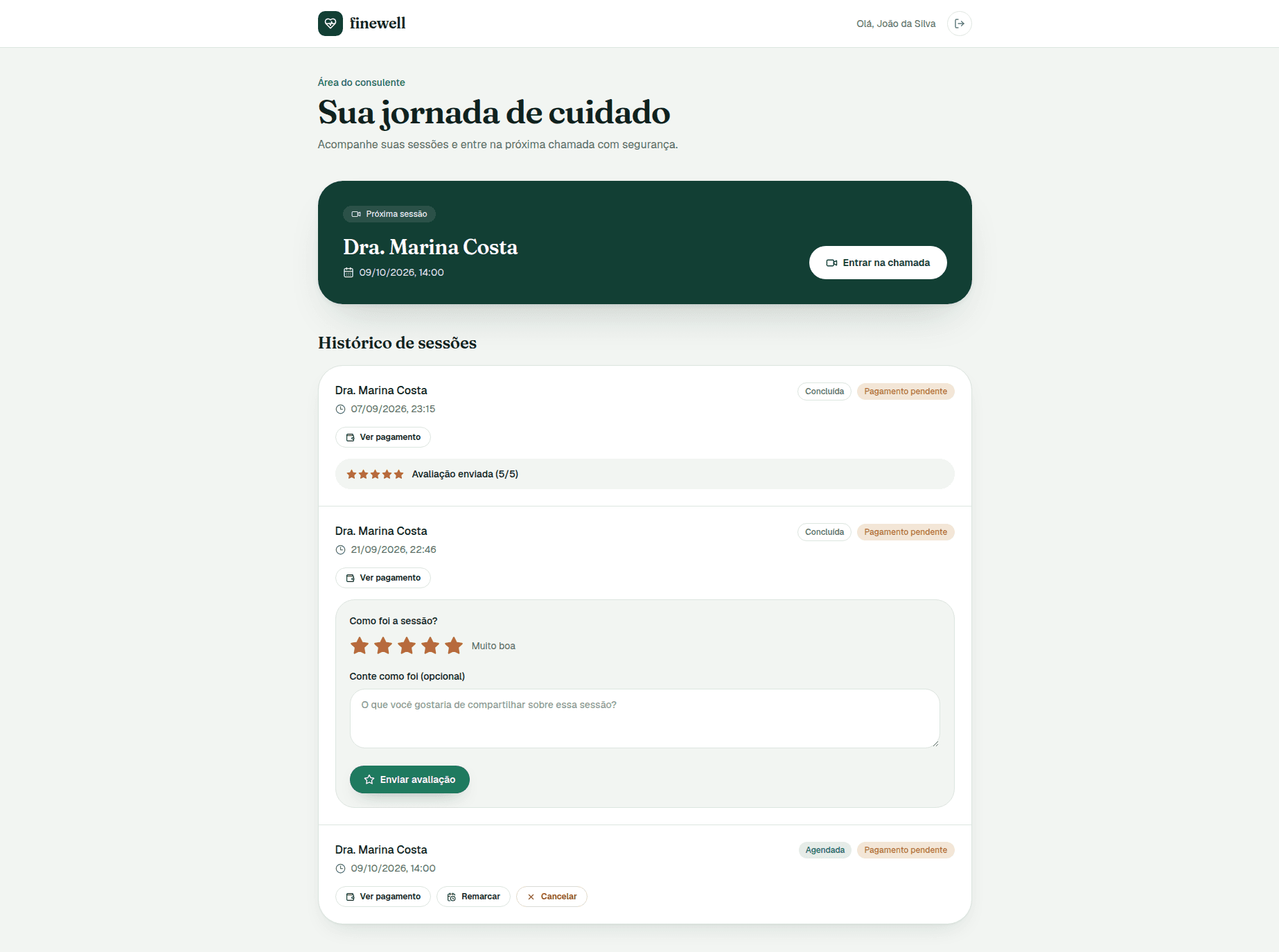 Portal do paciente da Finewell com a próxima sessão e o histórico